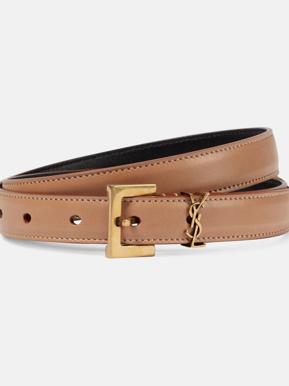 Saint Laurent Cassandre Thin Beige Leather Belt with Gold Hardware